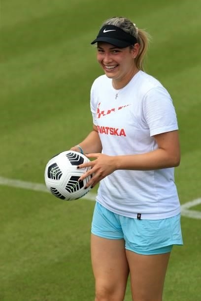 Donna Vekic of Croatia warms up playing football during the Viking Classic Birmingham at Edgbaston Priory Club on June 13, 2021 in Birmingham,...
