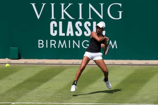 Naiktha Baines of Great Britain in action against Vitalia Diatchenko of Russia in qualifying warms up playing football during the Viking Classic...