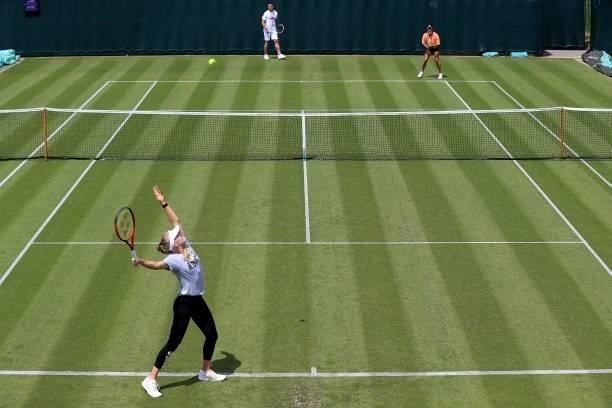 Harriet Dart of Great Britain in a practice session with Heather Watson during the Viking Classic Birmingham at Edgbaston Priory Club on June 13,...