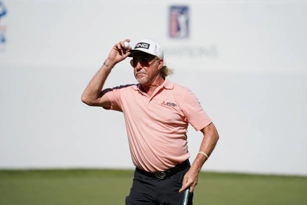 Miguel Angel Jimenez of Spain waves to the crowd on the 18th green after the second round of the American Family Insurance Championship at University...