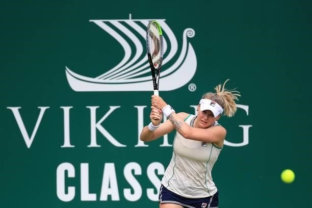 Kateryna Kozlova of Ukraine in action against Coco Vandeweghe of USA in qualifying during the Viking Classic Birmingham at Edgbaston Priory Club on...