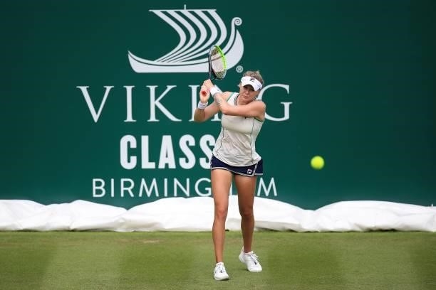 Kateryna Kozlova of Ukraine in action against Coco Vandeweghe of USA in qualifying during the Viking Classic Birmingham at Edgbaston Priory Club on...
