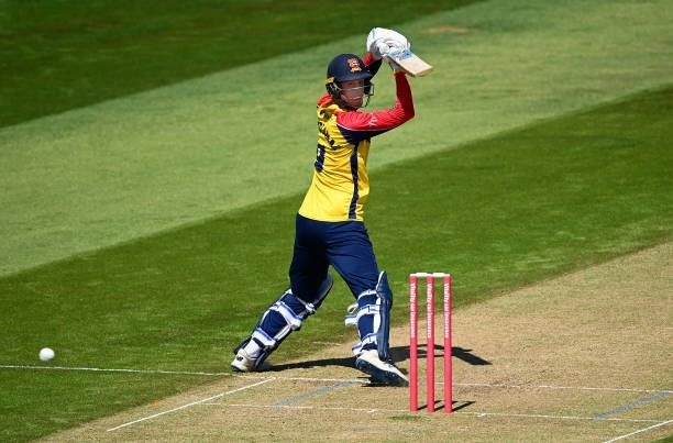 Will Buttleman of Essex hits runs during the Vitality T20 Blast match between Glamorgan and Essex at Sophia Gardens on June 13, 2021 in Cardiff,...