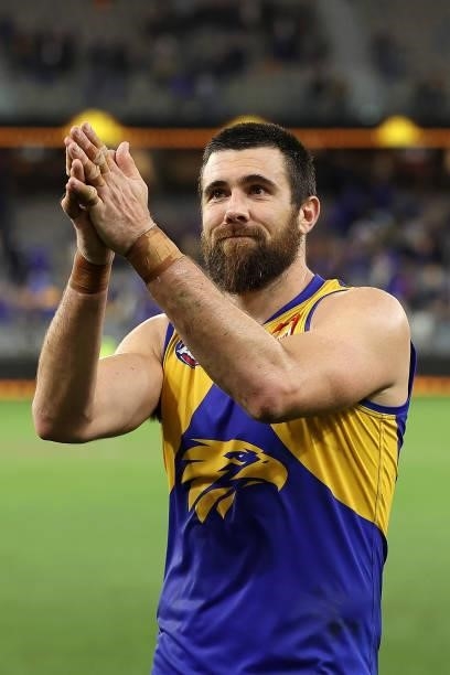 Josh J. Kennedy of the Eagles acknowledges the supporters after winning the round 14 AFL match between the West Coast Eagles and the Richmond Tigers...