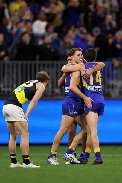 Andrew Gaff, Jack Redden and Liam Duggan of the Eagles celebrate winning the round 14 AFL match between the West Coast Eagles and the Richmond Tigers...