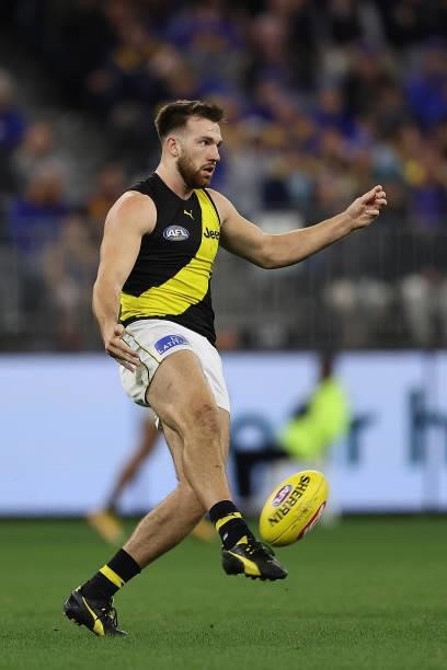 Noah Balta of the Tigers in action during the round 14 AFL match between the West Coast Eagles and the Richmond Tigers at Optus Stadium on June 13,...