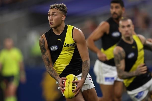 Shai Bolton of the Tigers in action during the round 14 AFL match between the West Coast Eagles and the Richmond Tigers at Optus Stadium on June 13,...