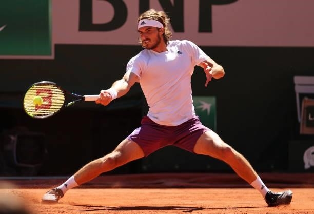 Stefanos Tsitsipas of Greece plays a forehand in his Men's Singles Final match against Novak Djokovic of Serbia during Day Fifteen of the 2021 French...