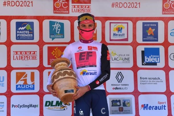 Simon Carr of United Kingdom and Team EF Education - Nippo White Best Young Rider Jersey celebrates at podium during the 45th La Route d'Occitanie -...