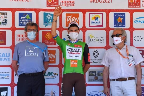 Andrea Vendrame of Italy and AG2R Citröen Team Green Points Jersey celebrates at podium during the 45th La Route d'Occitanie - La Depeche Du Midi...