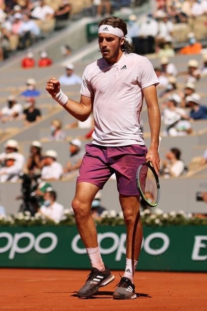 Stefanos Tsitsipas of Greece celebrates in his Men's Singles Final match against Novak Djokovic of Serbia during Day Fifteen of the 2021 French Open...