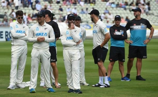 Kane Williamson of New Zealand looks on after New Zealand won the second LV= Test match against England at Edgbaston on June 13, 2021 in Birmingham,...