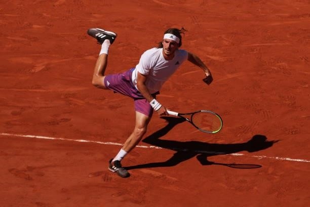 Stefanos Tsitsipas of Greece serves in his Men's Singles Final match against Novak Djokovic of Serbia during Day Fifteen of the 2021 French Open at...