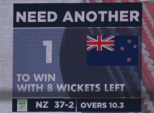 The big screen shows New Zealand on the brink of victory during the second LV= Test match between England and New Zealand at Edgbaston on June 13,...