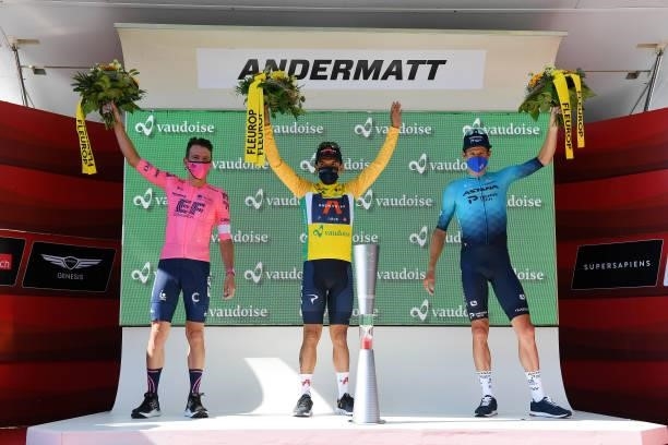 Rigoberto Uran Uran of Colombia and Team EF Education - Nippo 2nd place, Richard Carapaz of Ecuador and Team INEOS Grenadiers yellow leader jersey &...