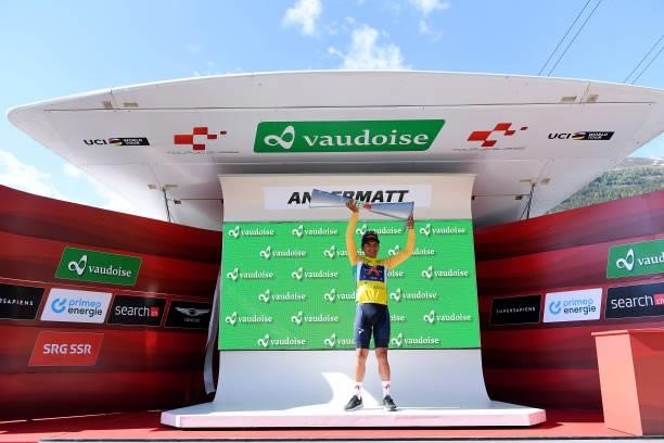 Richard Carapaz of Ecuador and Team INEOS Grenadiers yellow leader jersey celebrates at podium during the 84th Tour de Suisse 2021, Stage 8 a 159,5km...
