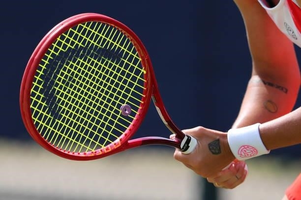 Detailed view of Nuria Parrizas-Diaz of Spain's racquet during day 1 of the Nottingham Trophy at Nottingham Tennis Centre on June 13, 2021 in...
