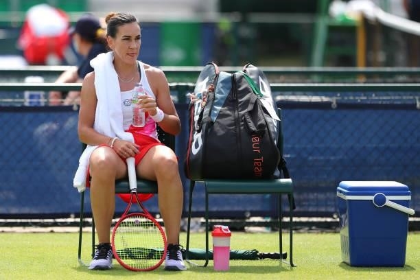 Nuria Parrizas-Diaz of Spain has a drink during day 1 of the Nottingham Trophy at Nottingham Tennis Centre on June 13, 2021 in Nottingham, England.