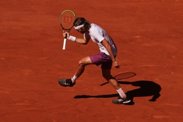 Stefanos Tsitsipas of Greece reacts in his Men's Singles Final match against Novak Djokovic of Serbia during Day Fifteen of the 2021 French Open at...