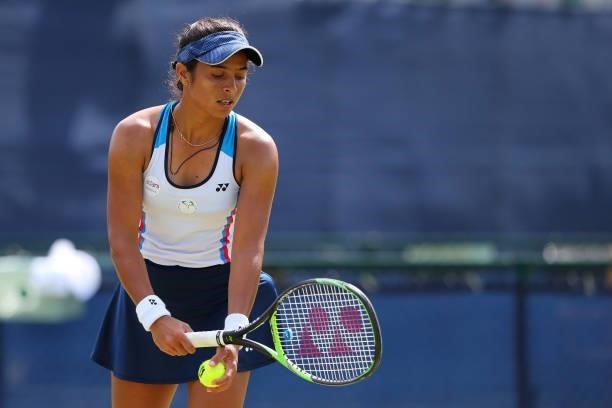 Ankita Raina of India prepares to serve against Nuria Parrizas-Diaz of Spain during day 1 of the Nottingham Trophy at Nottingham Tennis Centre on...
