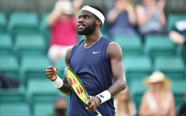 Frances Tafore of United States celebrates as he wins the Mens Singles Vikings Open Trophy against Denis Kudla of United States at Nottingham Tennis...