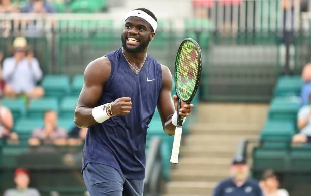Frances Tafore of United States celebrates as he wins the Mens Singles Vikings Open Trophy against Denis Kudla of United States at Nottingham Tennis...