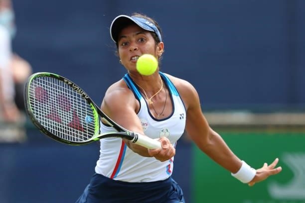 Ankita Raina of India hits a forehand against Nuria Parrizas-Diaz of Spain during day 1 of the Nottingham Trophy at Nottingham Tennis Centre on June...