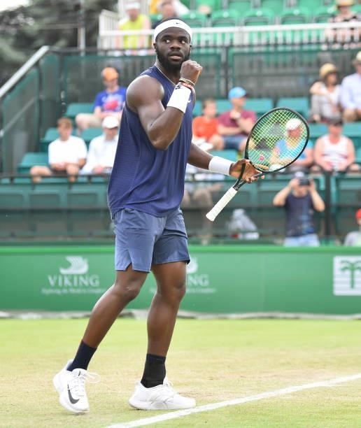 Frances Tafore of United States celebrates as he wins a point in the Mens Singles Vikings Open Trophy against Denis Kudla of United States at...
