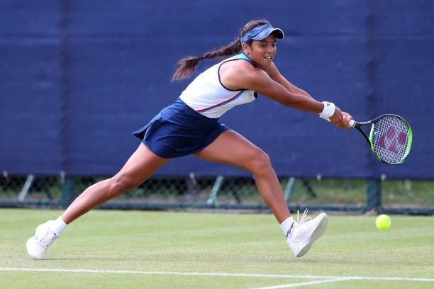 Ankita Raina of India hits a backhand against Nuria Parrizas-Diaz of Spain during day 1 of the Nottingham Trophy at Nottingham Tennis Centre on June...