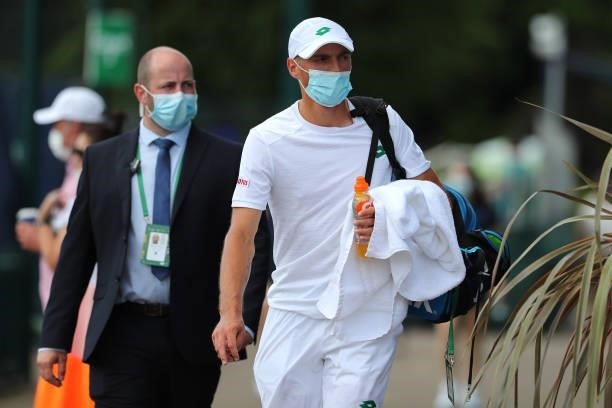 Kacper Zuk of Poland leaves the court after winning his match against Lui Maxted of France during day 1 of the Nottingham Trophy at Nottingham Tennis...