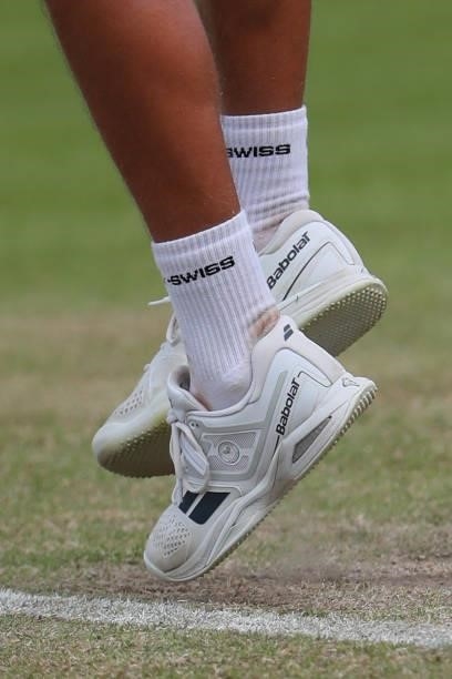 Detail images of Swiss socks and Babolat trainers of Lui Maxted of Great Britain during day 1 of the Nottingham Trophy at Nottingham Tennis Centre on...