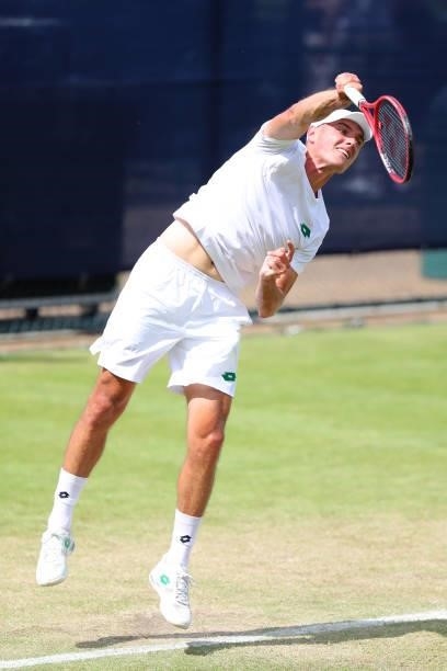 Kacper Zuk of Poland serves in his match against Lui Maxted of Great Britain during day 1 of the Nottingham Trophy at Nottingham Tennis Centre on...