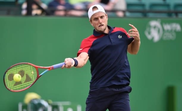 Denis Kudla of United States plays a forehand shot in the men’s final match against Frances Tafore of United States at Nottingham Tennis Centre on...