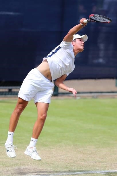 Lui Maxted of Great Britain serves during day 1 of the Nottingham Trophy at Nottingham Tennis Centre on June 13, 2021 in Nottingham, England.