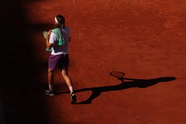 Stefanos Tsitsipas of Greece looks on in his Men's Singles Final match against Novak Djokovic of Serbia during Day Fifteen of the 2021 French Open at...