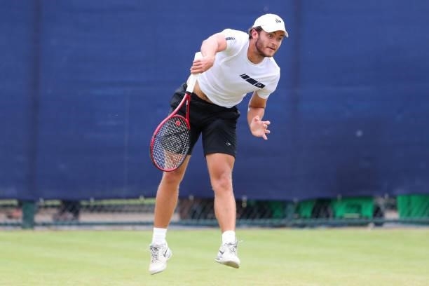 Mark Whitehouse of Great Britain hits a forehand during day 1 of the Nottingham Trophy at Nottingham Tennis Centre on June 13, 2021 in Nottingham,...