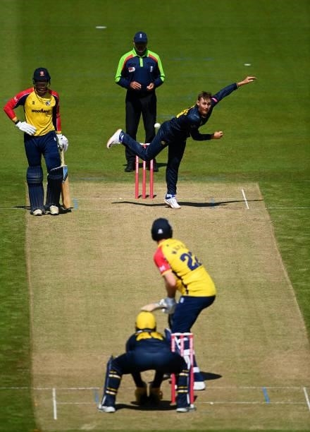 Marnus Labuschagne of Glamorgan bowls to Paul Walter of Essex during the Vitality T20 Blast match between Glamorgan and Essex at Sophia Gardens on...