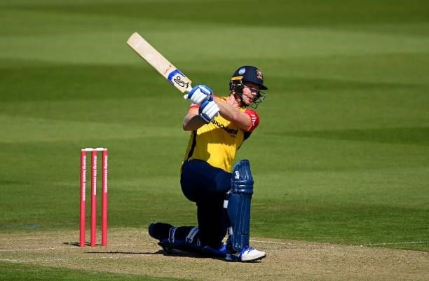 Jimmy Neesham of Essex hits down the ground during the Vitality T20 Blast match between Glamorgan and Essex at Sophia Gardens on June 13, 2021 in...
