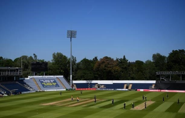 The players take to the field during the Vitality T20 Blast match between Glamorgan and Essex at Sophia Gardens on June 13, 2021 in Cardiff, Wales.
