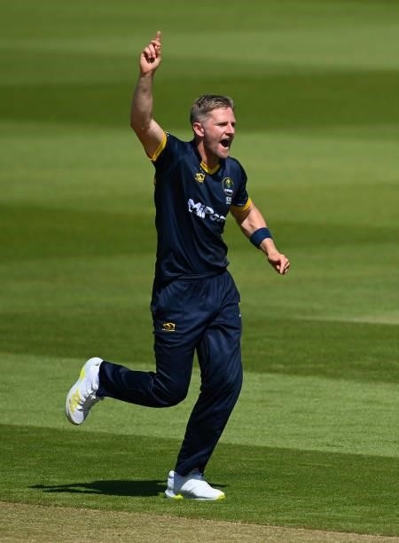 Ruaidhri Smith of Glamorgan celebrates taking the wicket of Feroze Khushi of Essex during the Vitality T20 Blast match between Glamorgan and Essex at...
