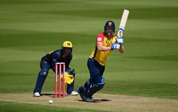 Jimmy Neesham of Essex hits runs during the Vitality T20 Blast match between Glamorgan and Essex at Sophia Gardens on June 13, 2021 in Cardiff, Wales.