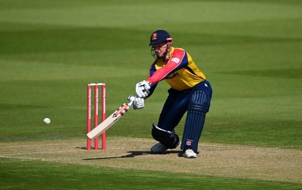 Simon Harmer of Essex hits runs during the Vitality T20 Blast match between Glamorgan and Essex at Sophia Gardens on June 13, 2021 in Cardiff, Wales.
