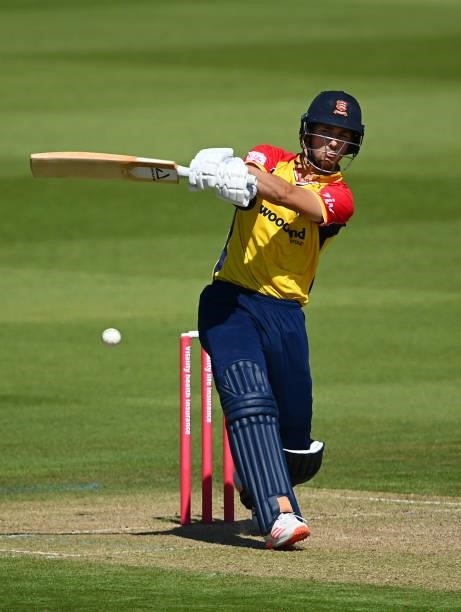 Jack Plom of Essex hits out during the Vitality T20 Blast match between Glamorgan and Essex at Sophia Gardens on June 13, 2021 in Cardiff, Wales.