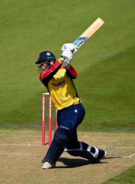 Michael Pepper of Essex hits runs during the Vitality T20 Blast match between Glamorgan and Essex at Sophia Gardens on June 13, 2021 in Cardiff,...