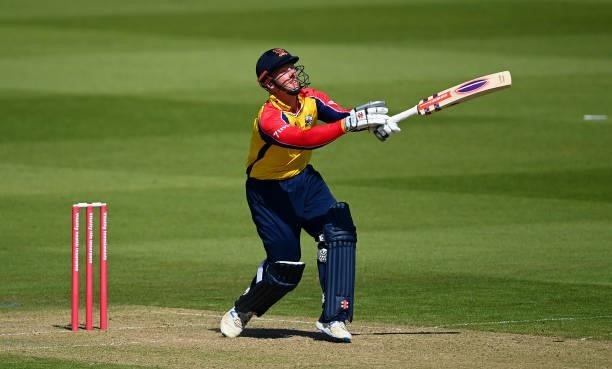 Simon Harmer of Essex hits out during the Vitality T20 Blast match between Glamorgan and Essex at Sophia Gardens on June 13, 2021 in Cardiff, Wales.