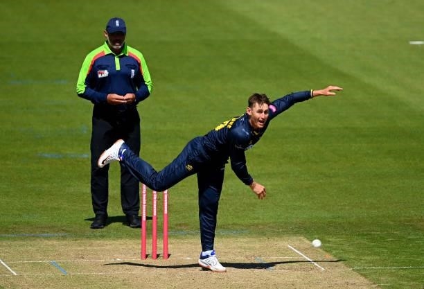 Marnus Labuschagne of Glamorgan bowls during the Vitality T20 Blast match between Glamorgan and Essex at Sophia Gardens on June 13, 2021 in Cardiff,...