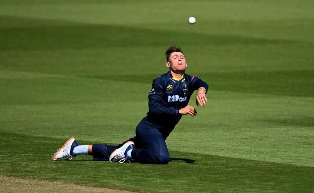 Marnus Labuschagne of Glamorgan fields off his own bowling during the Vitality T20 Blast match between Glamorgan and Essex at Sophia Gardens on June...