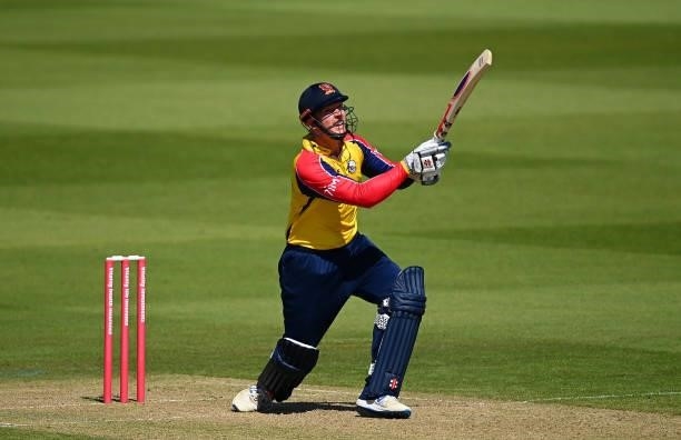 Simon Harmer of Essex hits out during the Vitality T20 Blast match between Glamorgan and Essex at Sophia Gardens on June 13, 2021 in Cardiff, Wales.