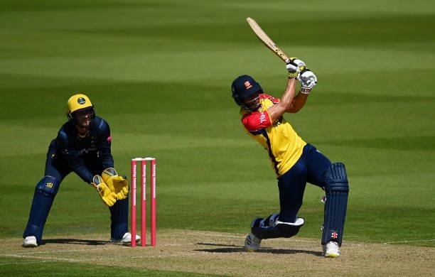 Feroze Khushi of Essex hits down the ground during the Vitality T20 Blast match between Glamorgan and Essex at Sophia Gardens on June 13, 2021 in...