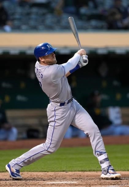 Hunter Dozier of the Kansas City Royals bats against the Oakland Athletics in the top of the seventh inning at RingCentral Coliseum on June 11, 2021...